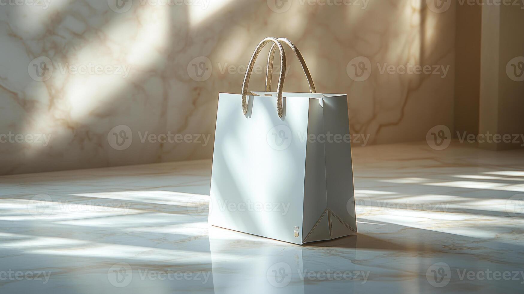 A sleek white shopping bag with matte finish, elegantly placed on marble surface, captures soft light and shadows. photo