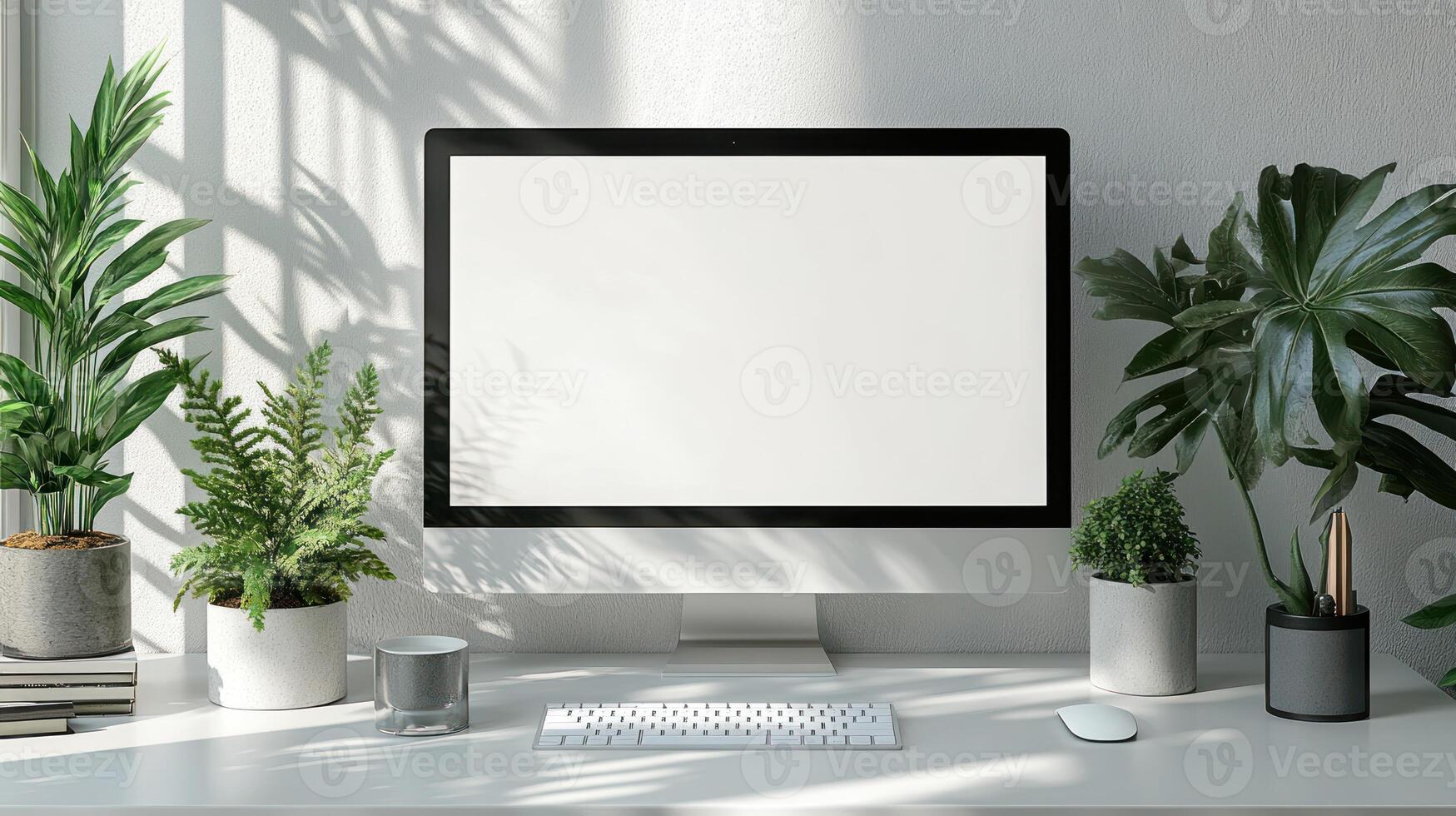 A modern desktop setup featuring blank computer screen surrounded by lush green plants, creating serene and inviting workspace. photo