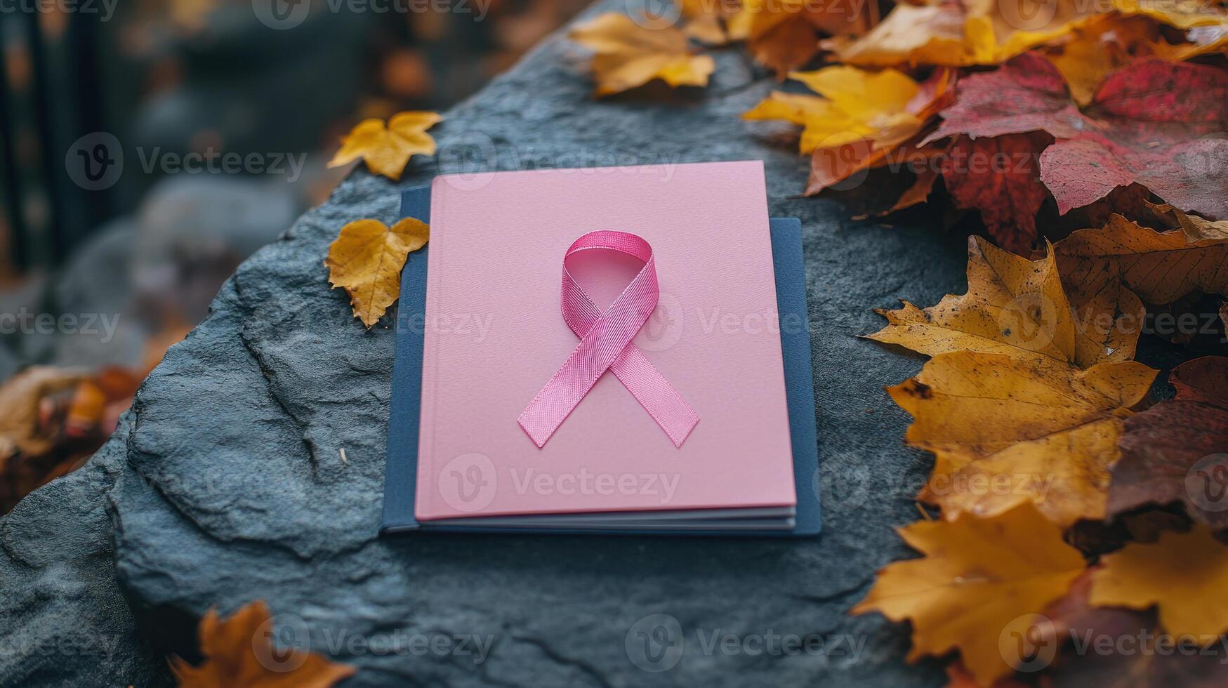A creative flat lay featuring pink ribbon on pink notebook surrounded by autumn leaves, symbolizing breast cancer awareness. photo