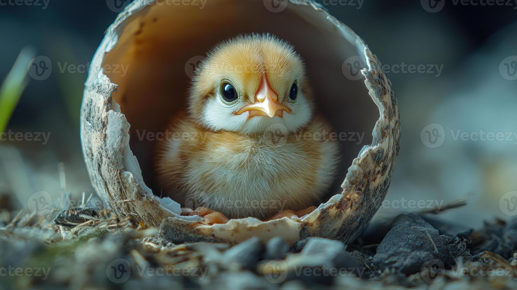 Newly hatched chick emerging from its shell, showcasing its soft feathers and curious expression. This moment captures beauty of new life. photo