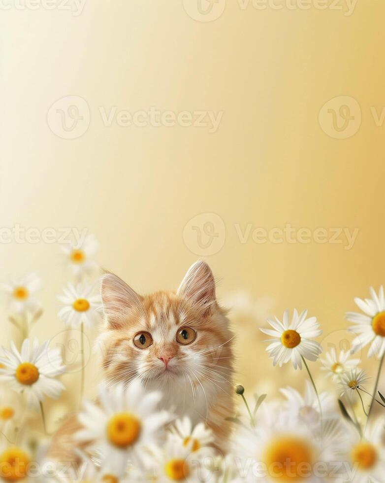 A cat is sitting in a field of daisies photo