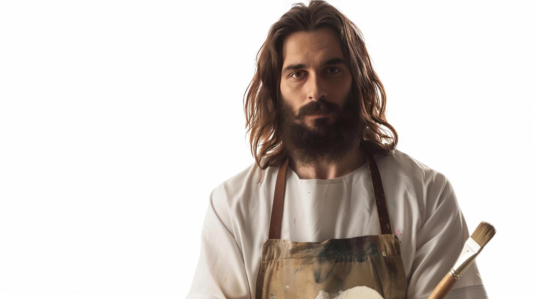 Jesus in a painters apron holding a brush photo