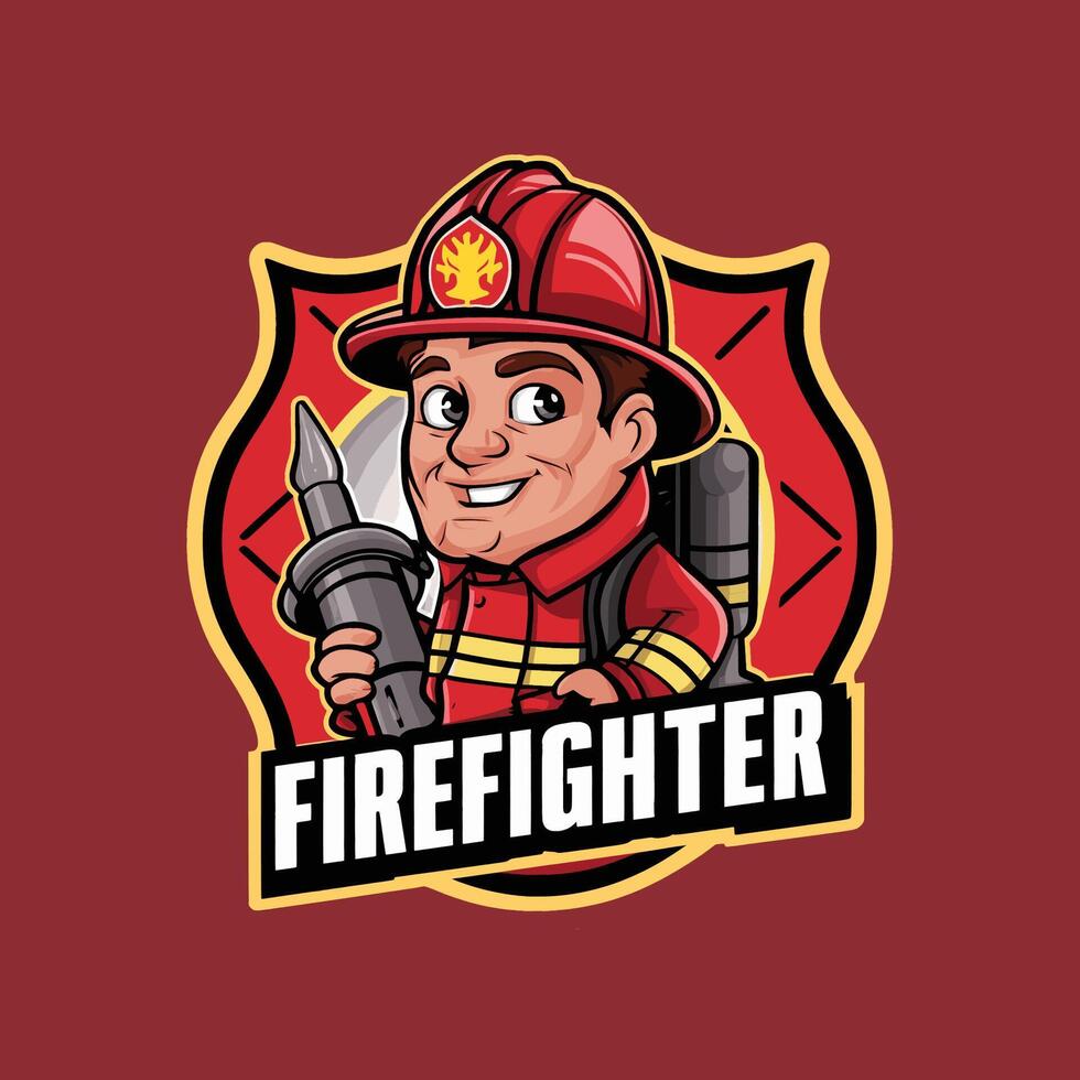 firefighter design character illustration logo on red background vector