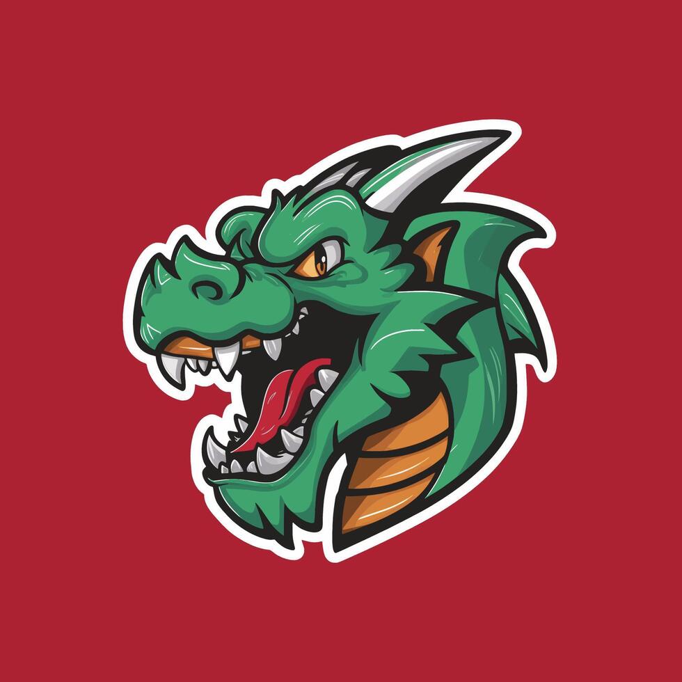 dragon head design illustration in circle logo on red background vector