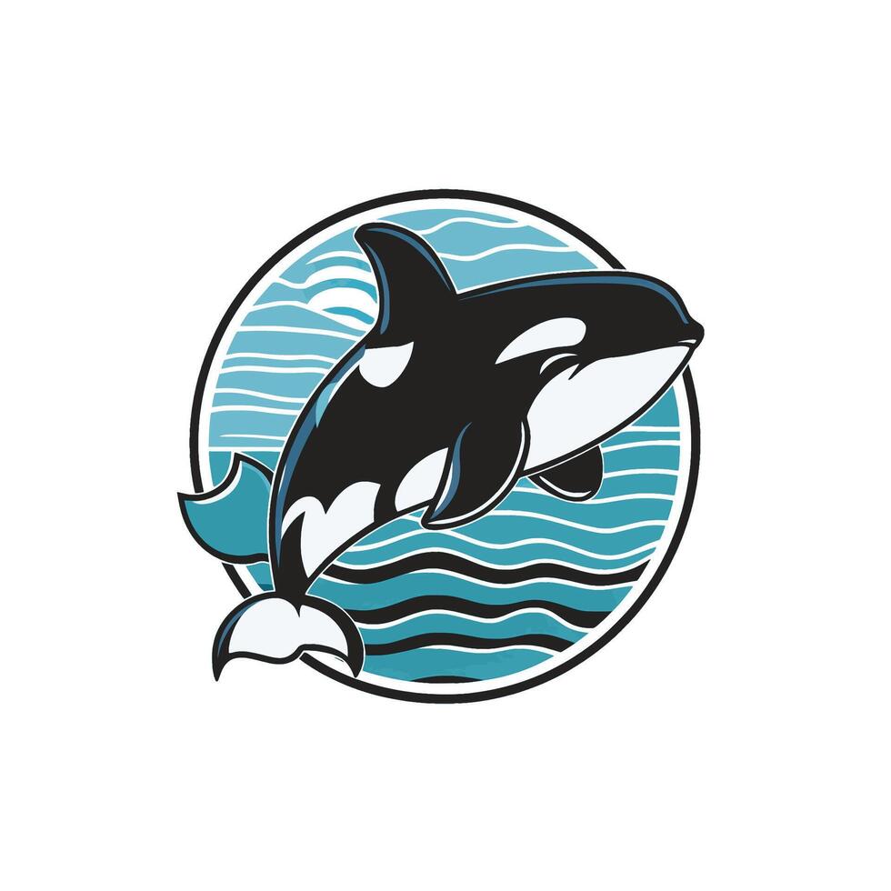 orca whale logo illustration on circle design white background vector