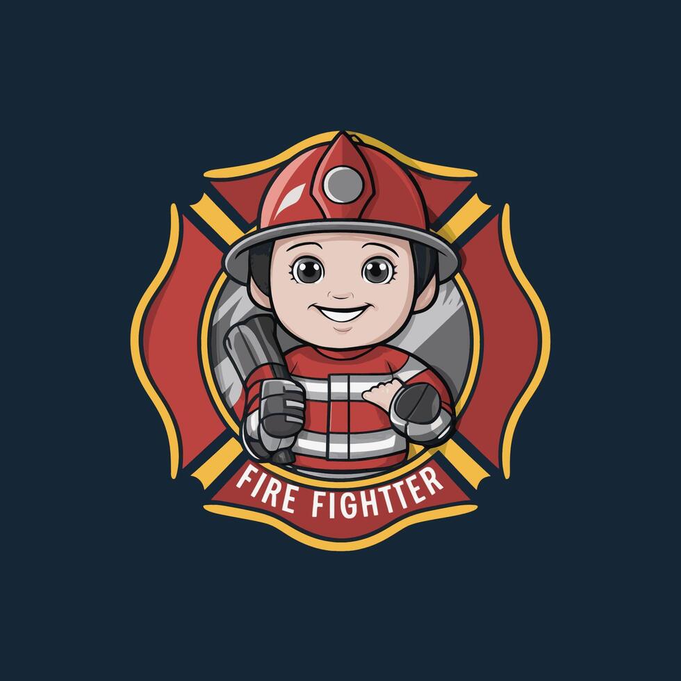 firefighter character design illustration logo with text vector