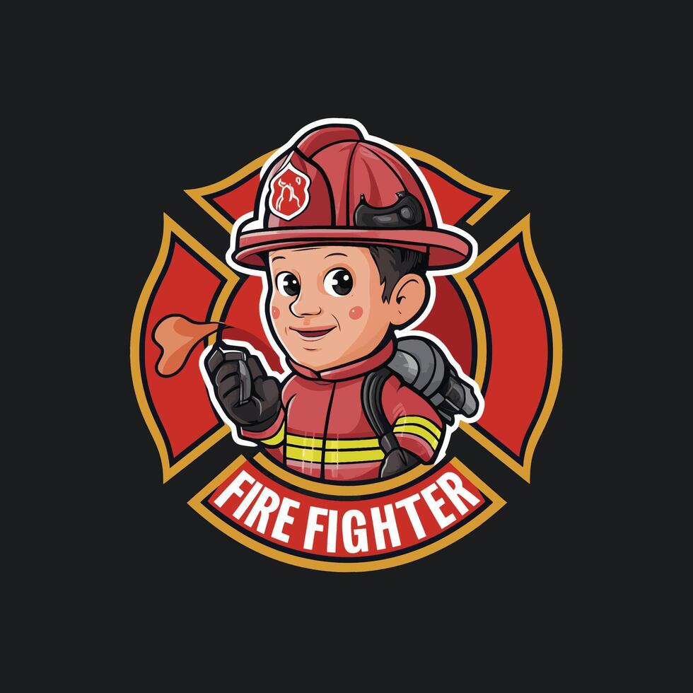 firefighter design character illustration logo on black background vector