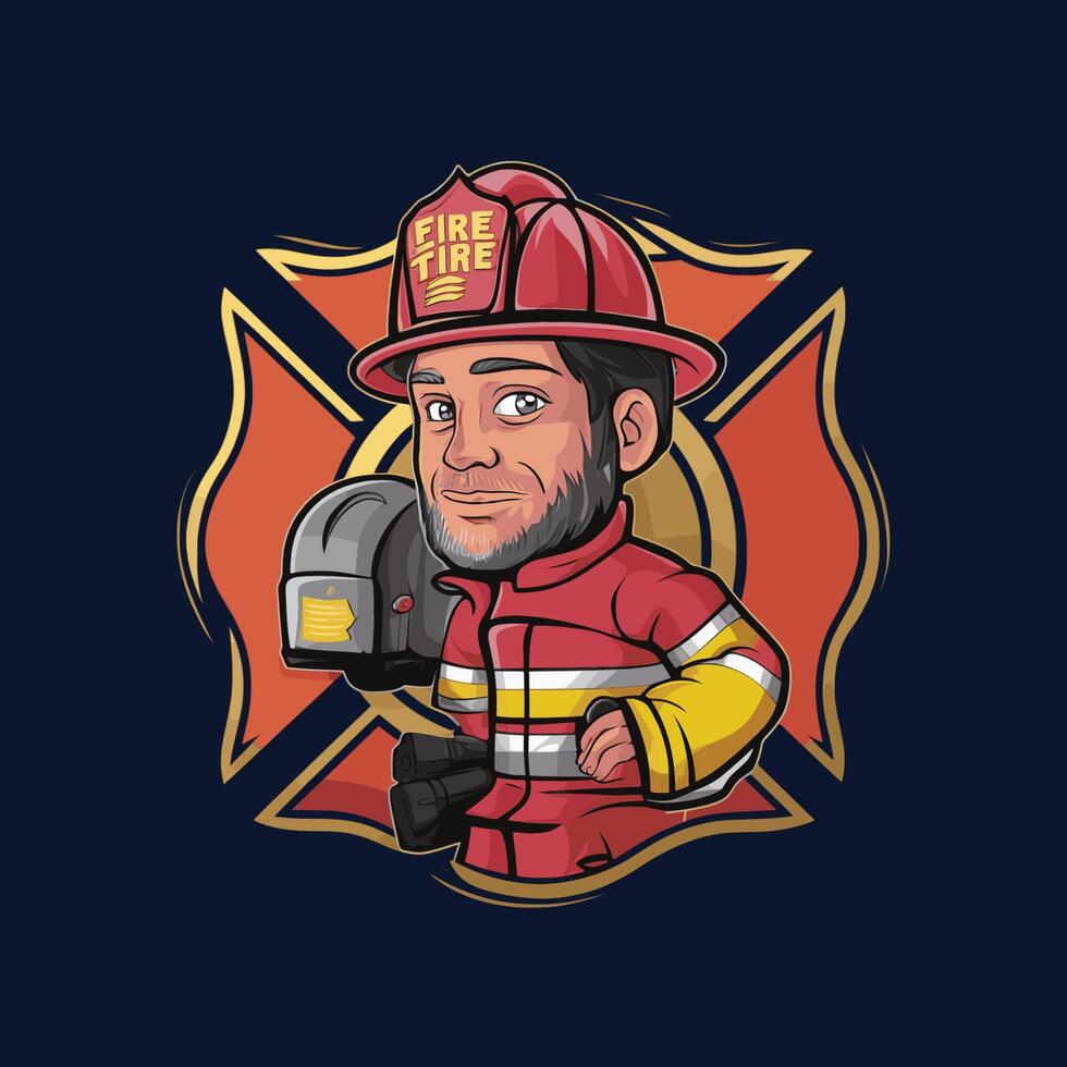 firefighter character design illustration logo on blue background vector