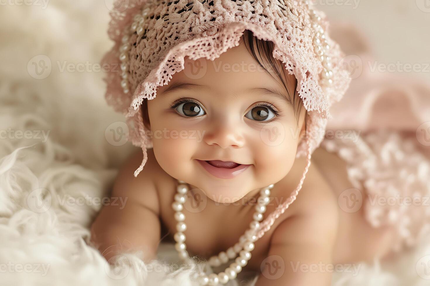 Close-up portrait of a smiling baby girl wearing a pink lace bonnet and a pearl necklace. photo