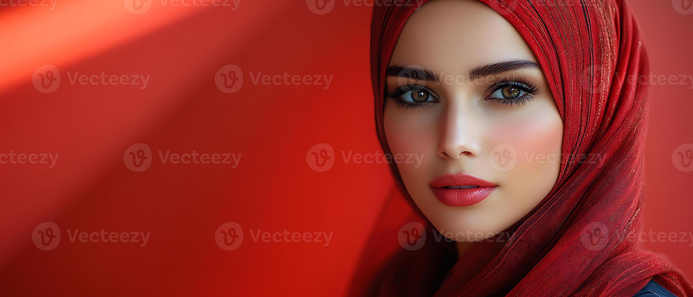 Close-up portrait of a woman wearing a red hijab, looking at the camera. photo