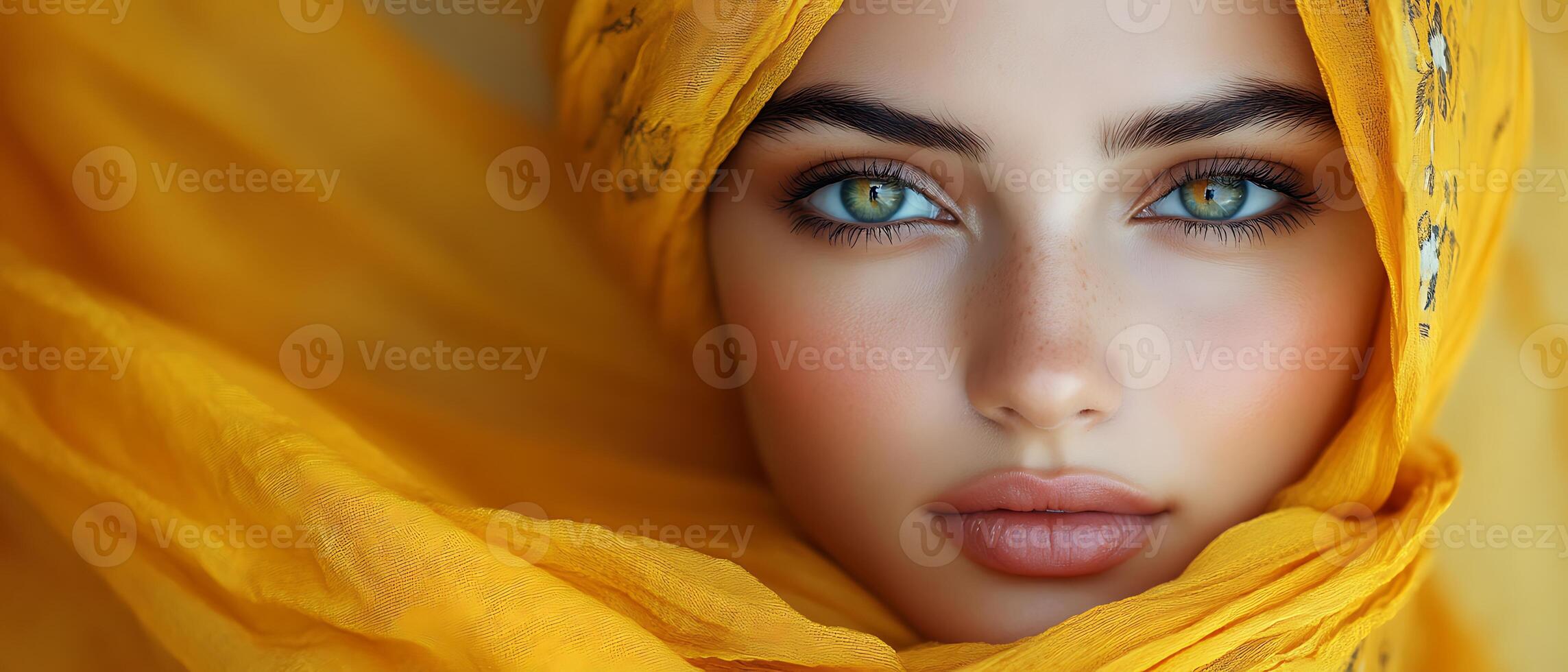 Close-up portrait of a woman in a yellow headscarf, looking directly at the camera. photo
