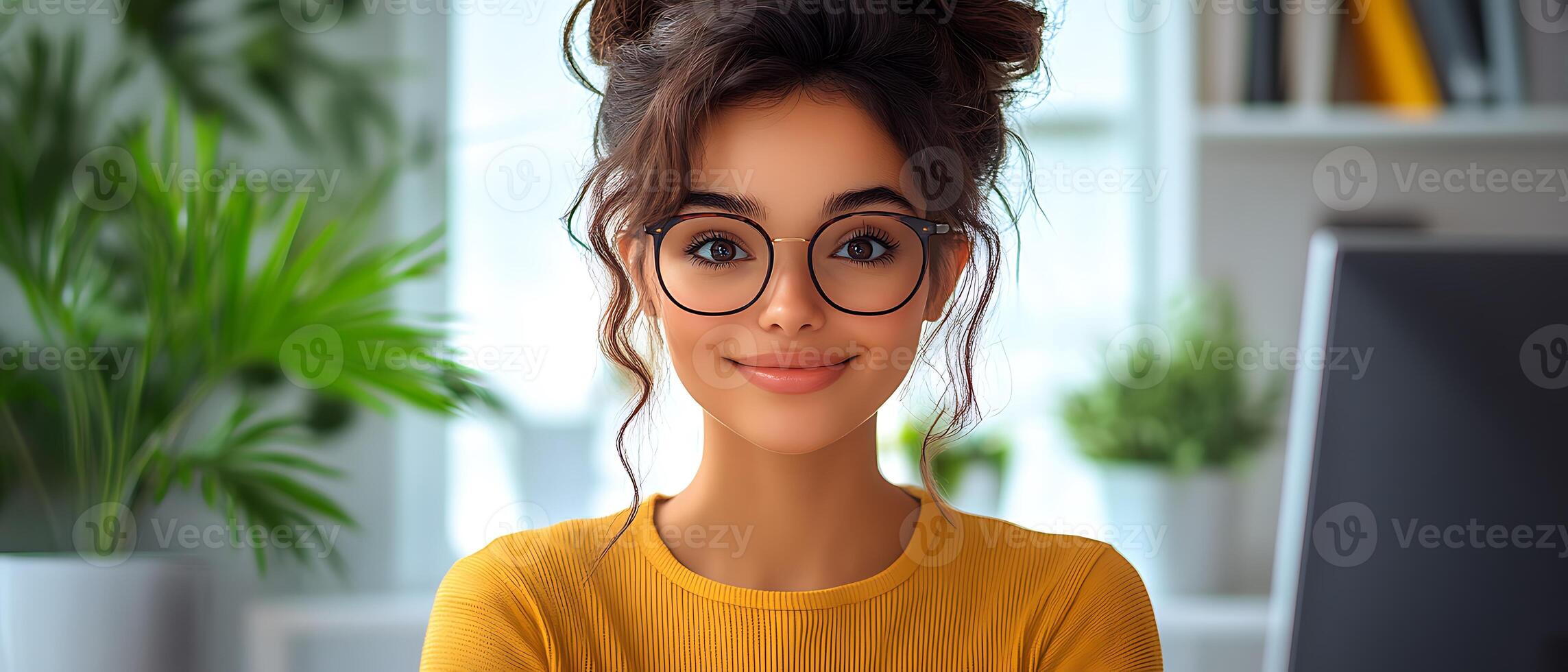Close-up portrait of a young woman smiling, wearing round glasses and yellow sweater. photo