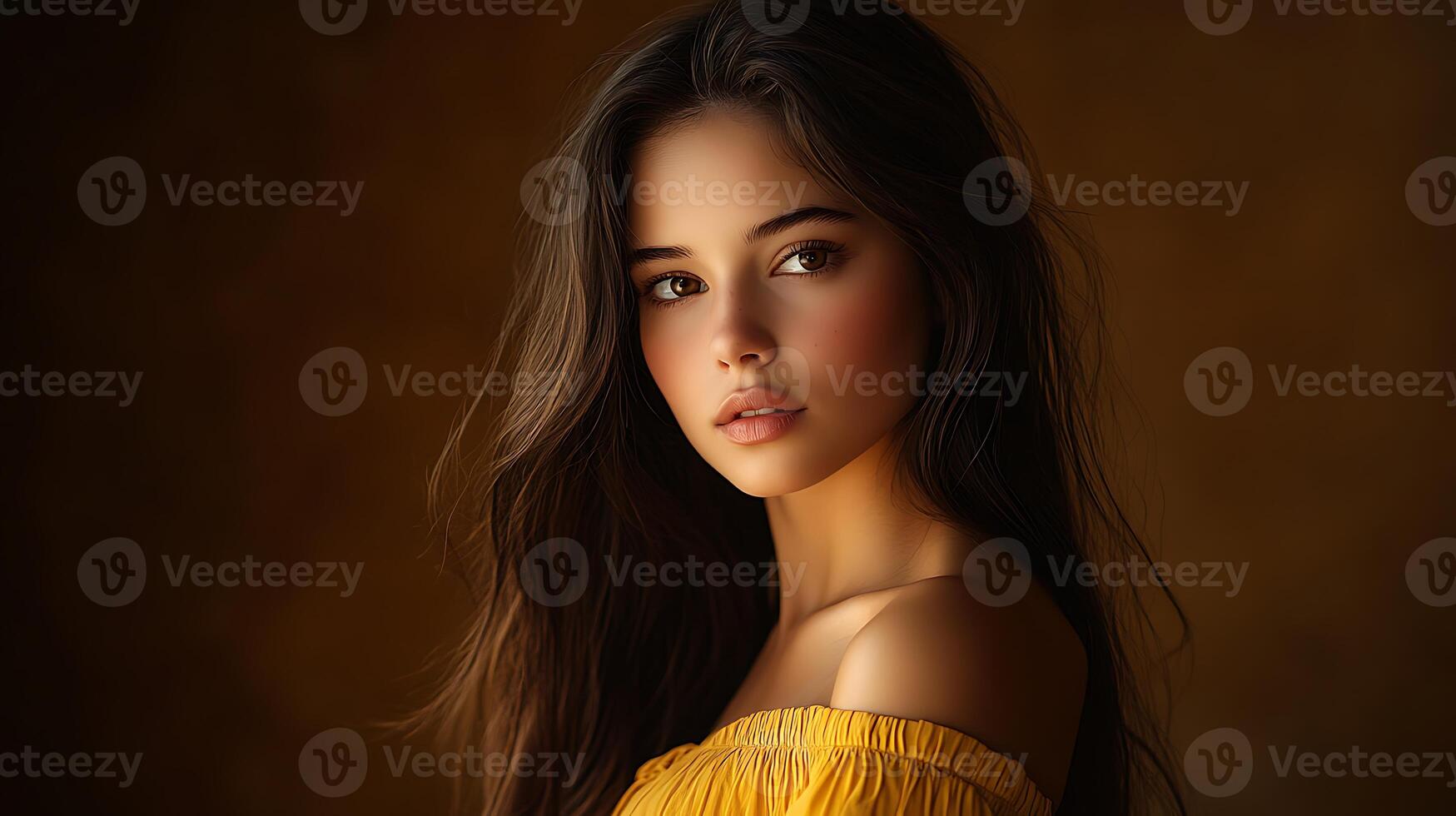 Close-up portrait of a young woman with long dark hair looking directly at the camera. photo