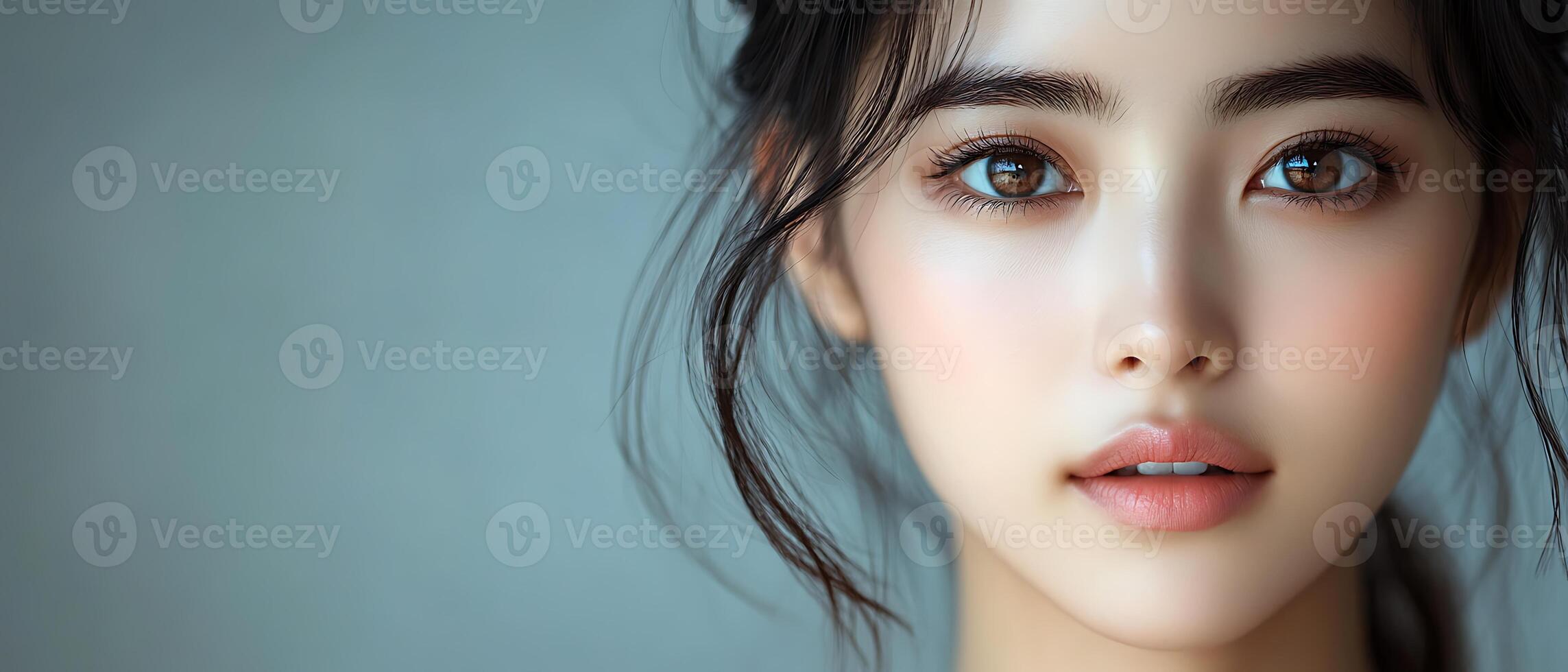 Close up portrait of a young woman with dark hair and brown eyes looking directly at the camera. photo