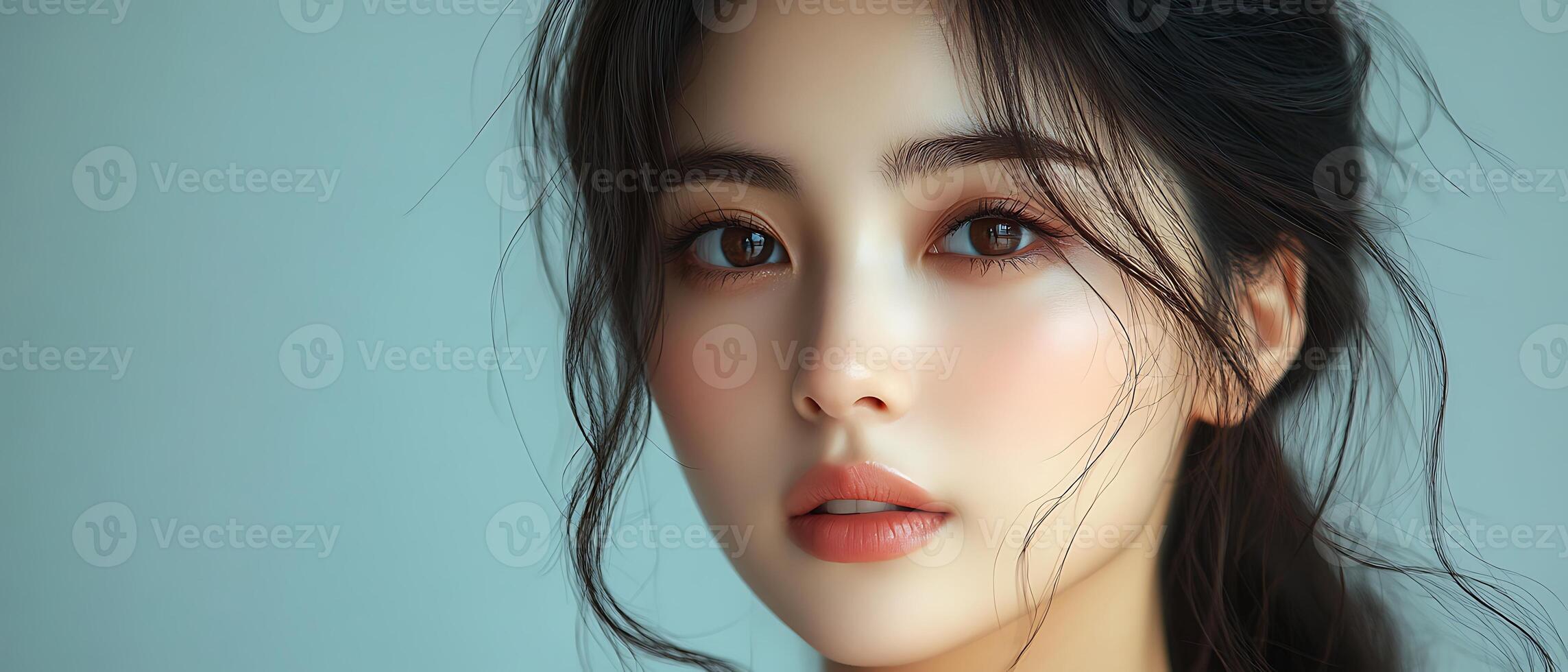 Close-up portrait of a young woman with dark hair and brown eyes looking at the camera. photo