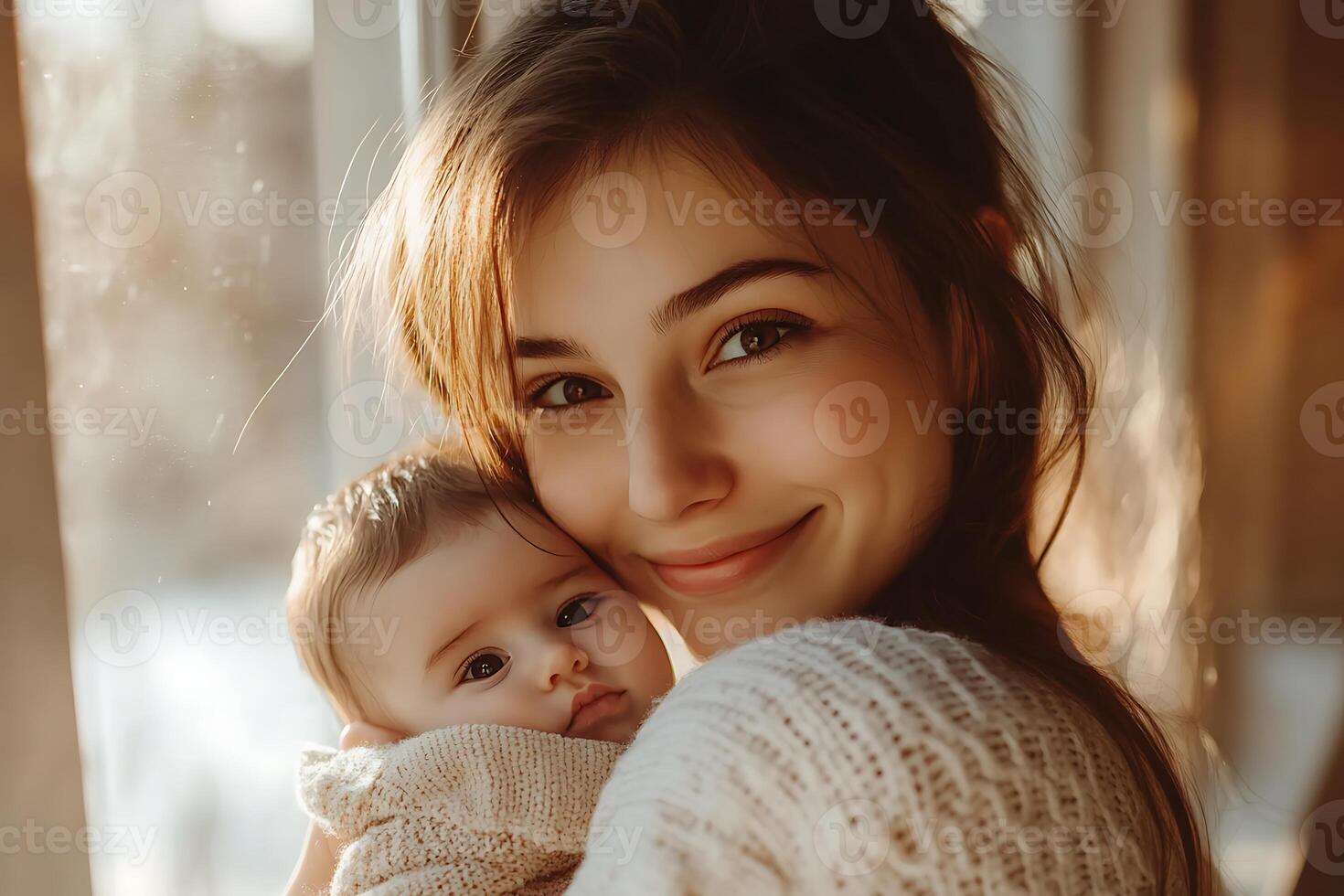 A young mother cradles her infant child, both smiling warmly. photo