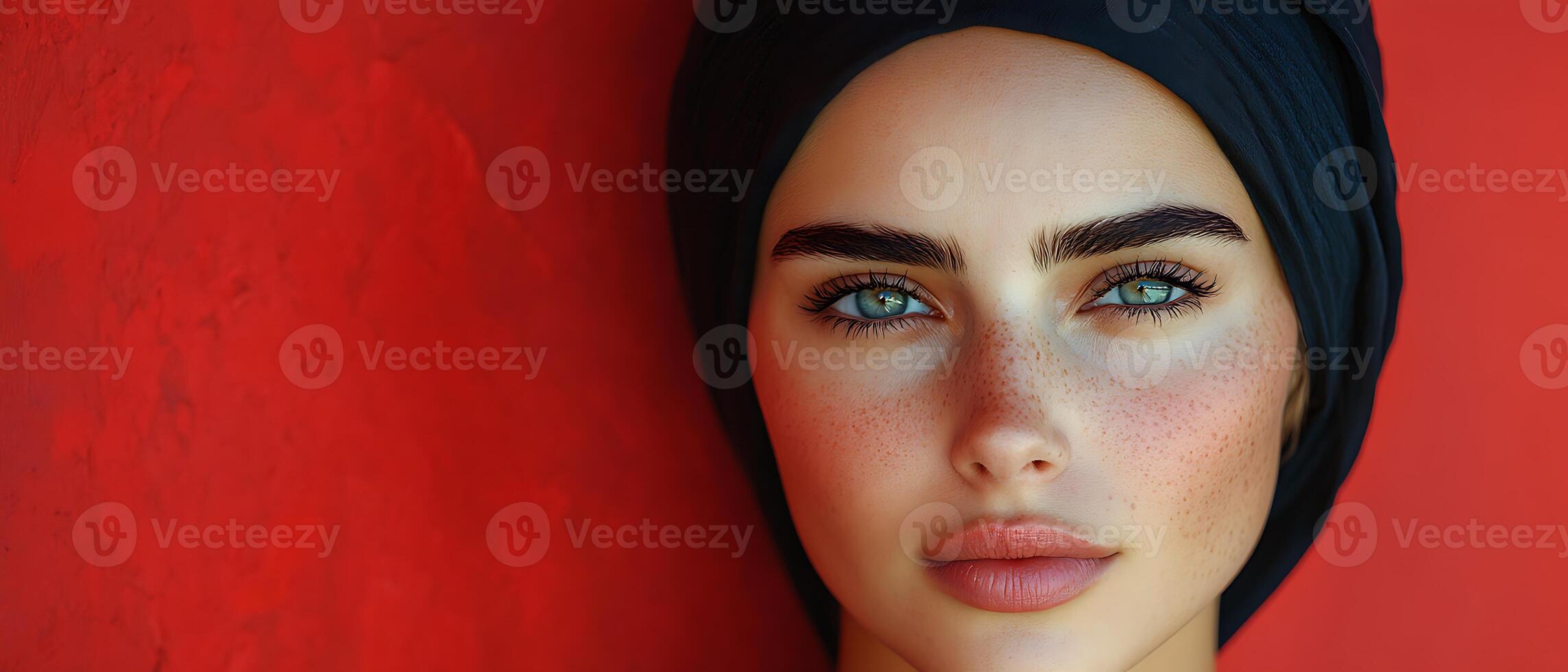 Close-up portrait of a young woman with green eyes and a black headscarf, against a red background. photo
