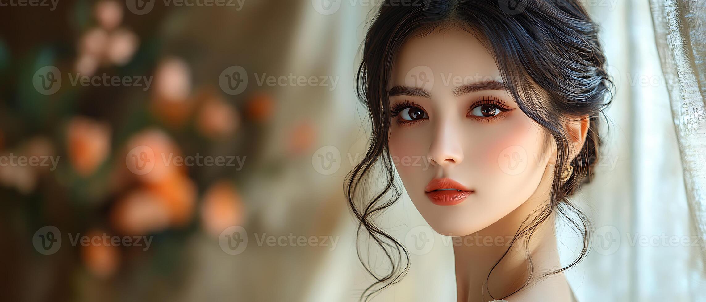 Close-up portrait of a young woman with beautiful eyes and makeup. photo