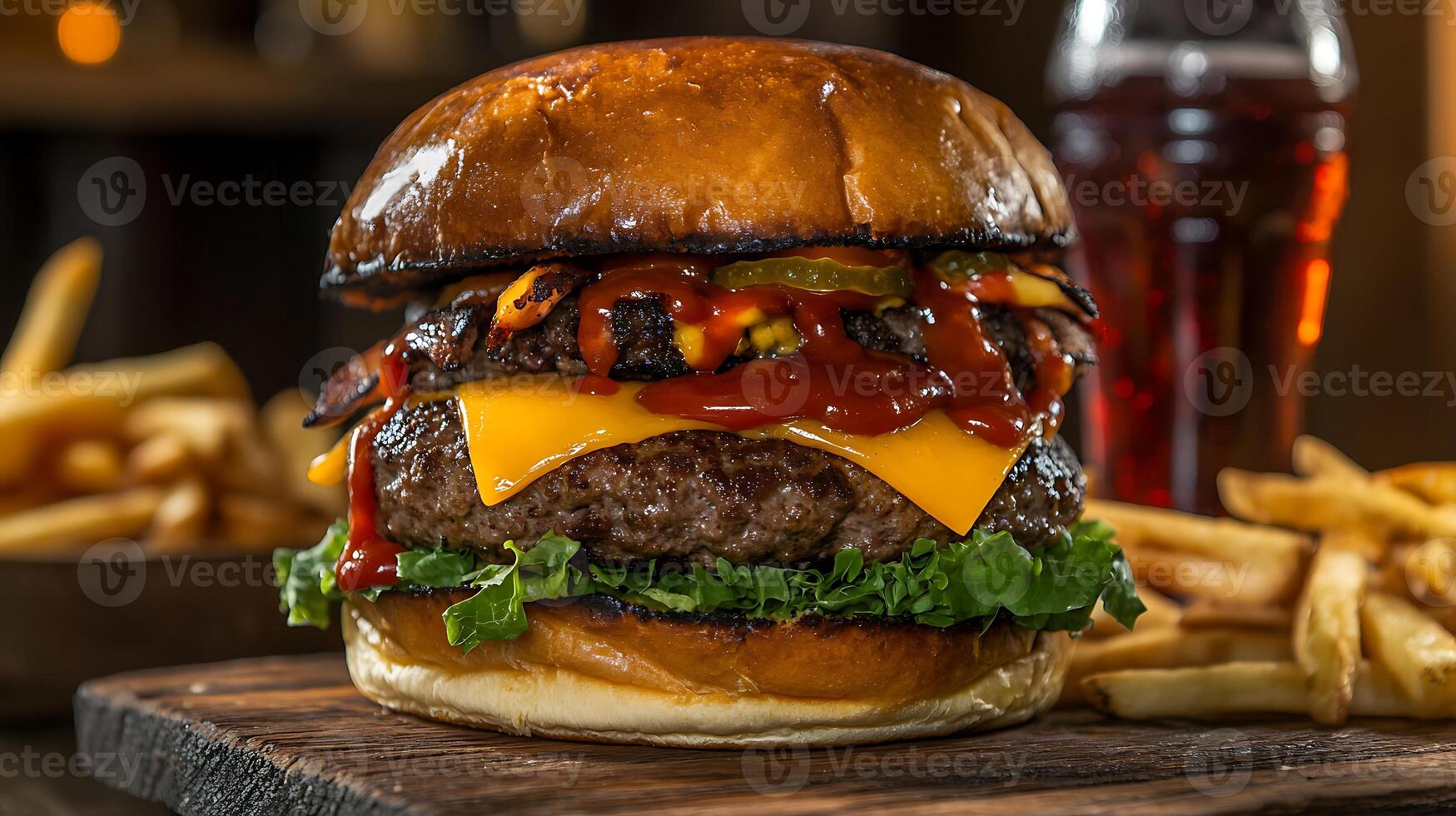 A juicy double cheeseburger with bacon, pickles, and ketchup, served with french fries and a glass of soda. photo
