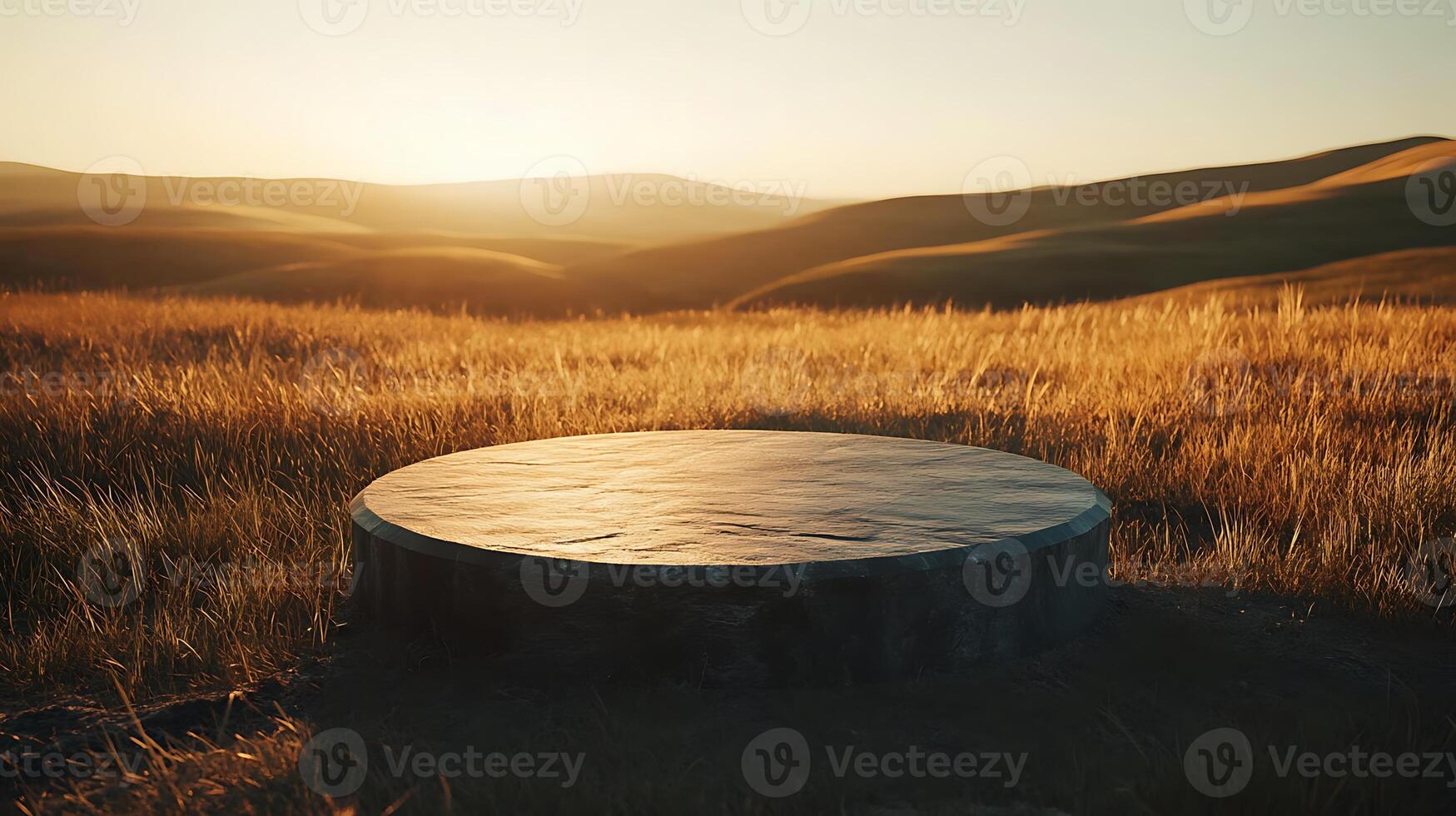A circular stone platform stands in a field of tall grass, bathed in the golden light of a setting sun. The platform offers a picturesque display space, overlooking a tranquil landscape. photo