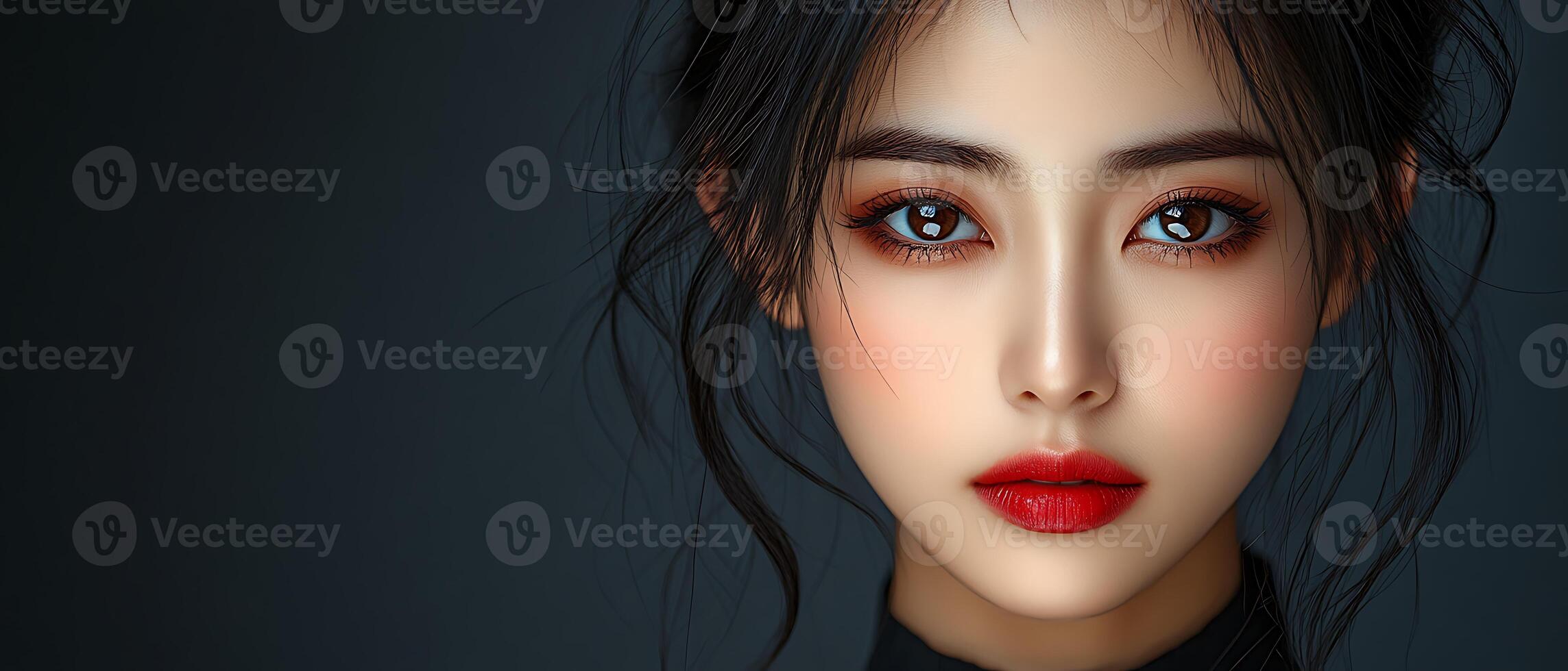Close-up portrait of a beautiful young woman with dark hair and red lipstick, looking directly at the camera against a dark background. photo