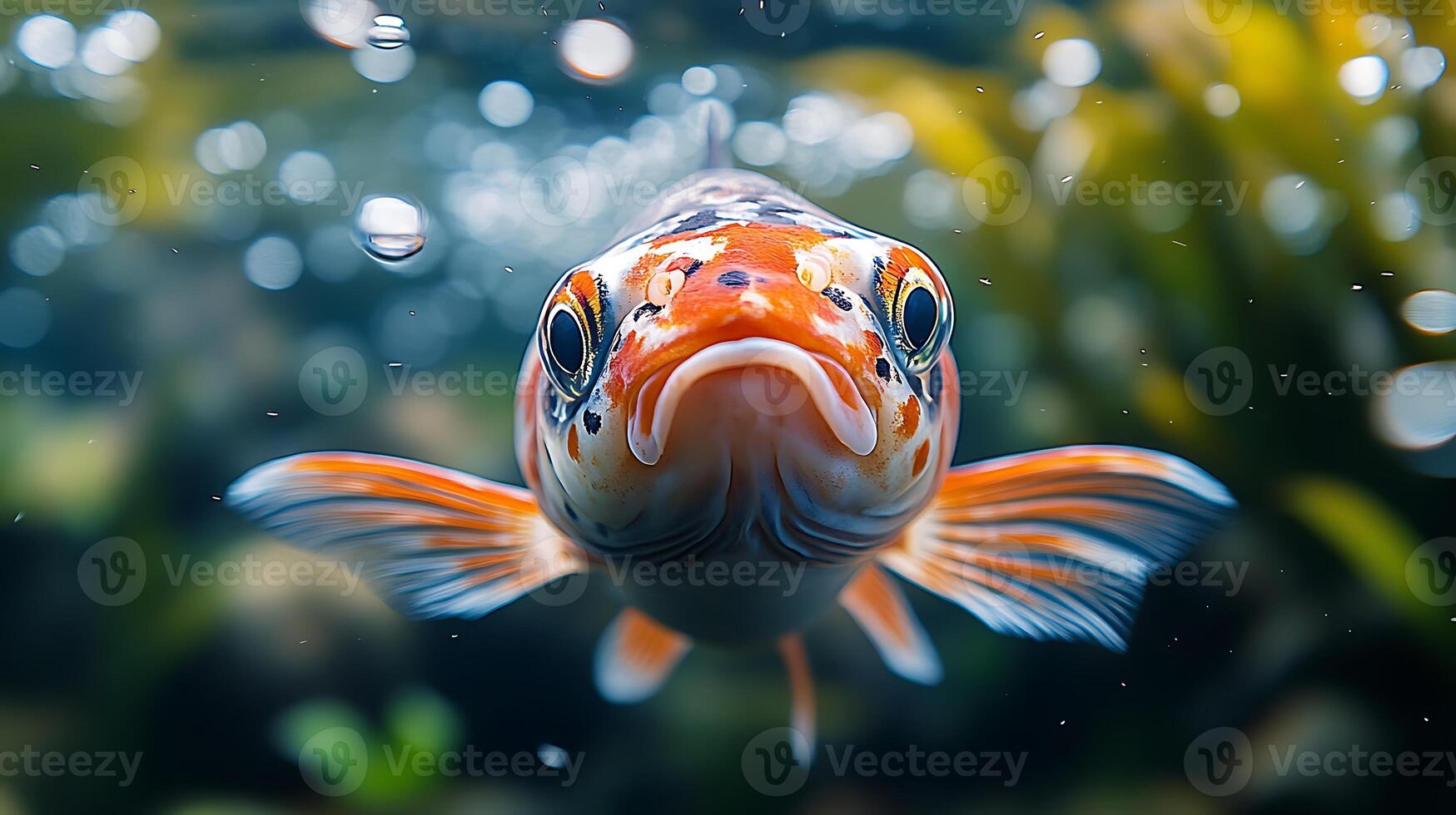 A close-up of a goldfish staring directly at the camera with a blurry background of bubbles and plants. photo