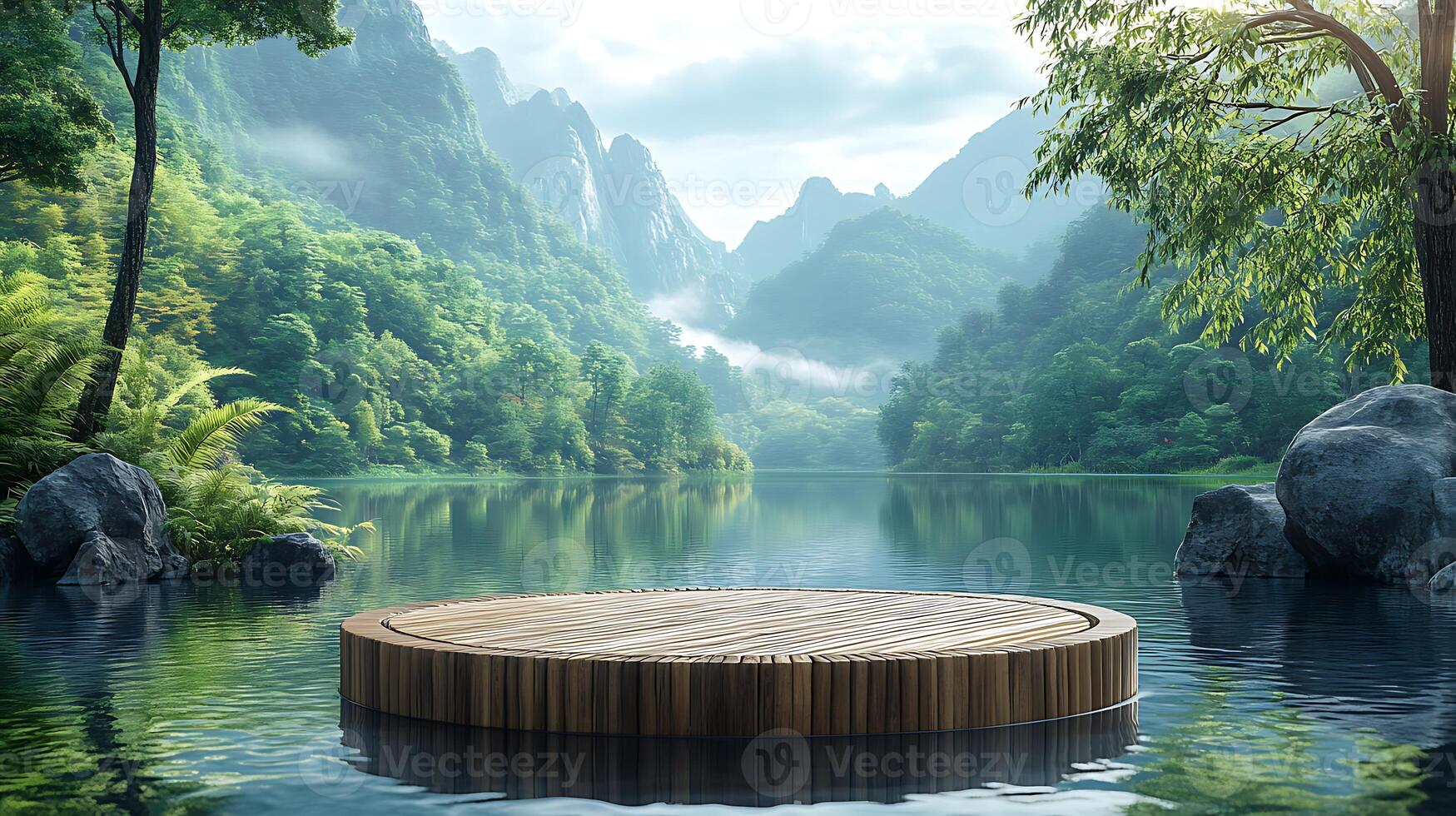 A circular wooden platform floats on a calm lake surrounded by lush greenery and mountains in the background. photo