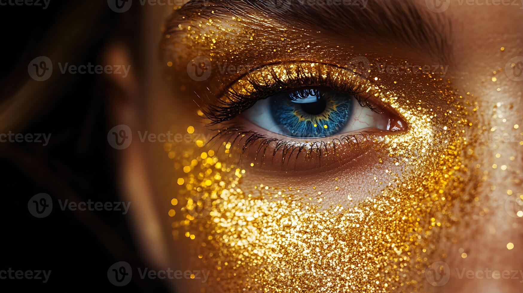 Close-up of a blue eye with gold glitter on the eyelid. photo