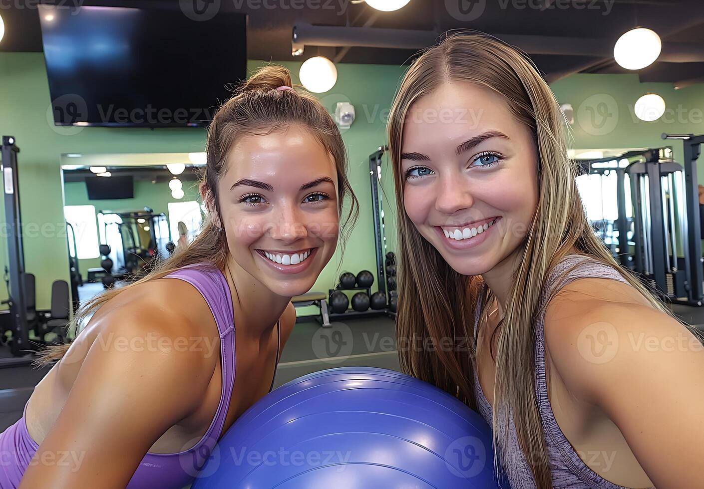 Two smiling women in a gym setting, leaning against a blue exercise ball. photo