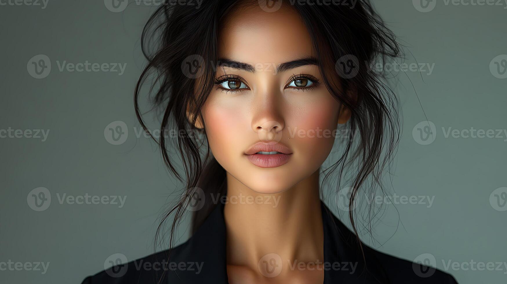 Beautiful woman with long dark hair and brown eyes looking at the camera. photo