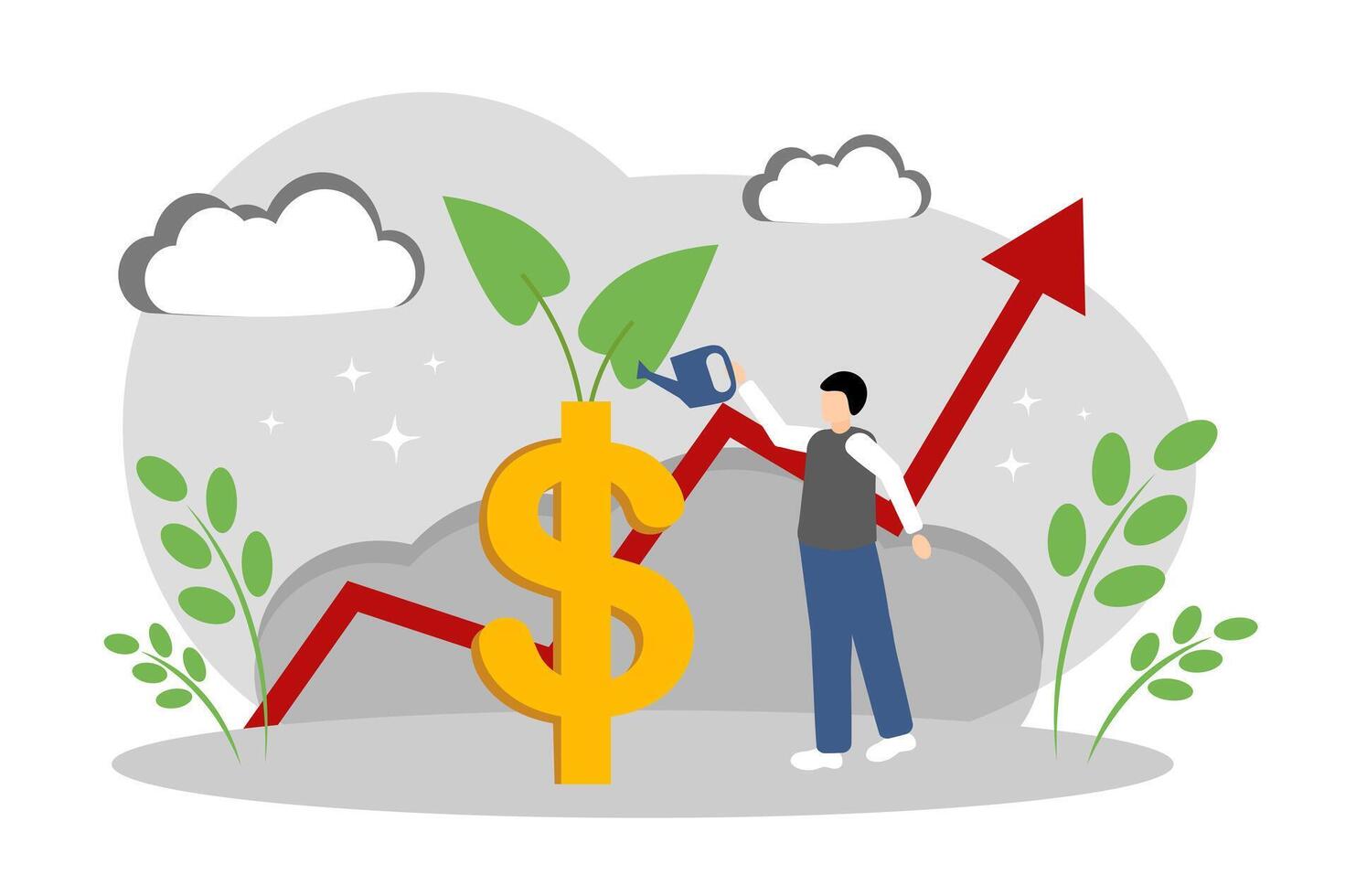 Financial growth. Increased revenue. Man watering plant vector