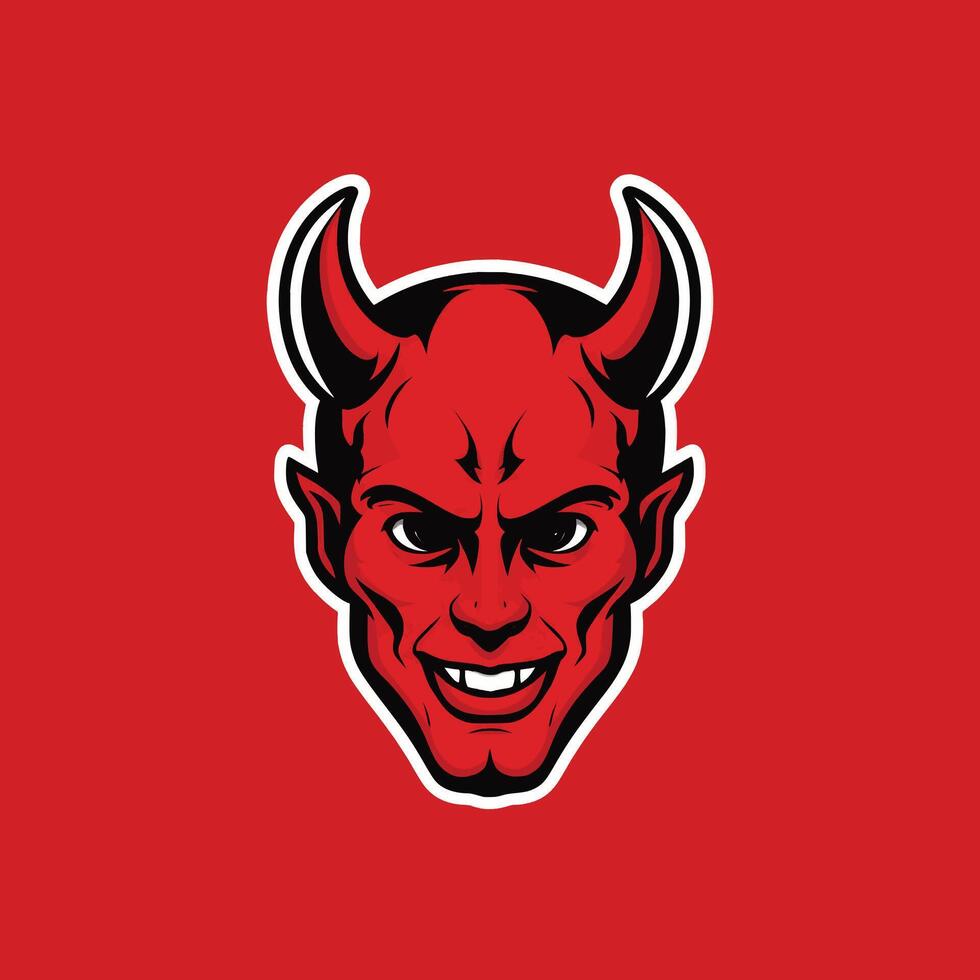 devil head illustration logo on red background vector