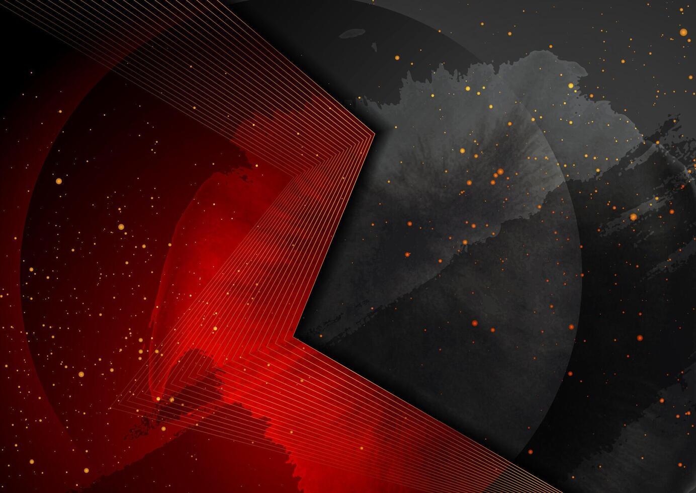 Golden curved lines and dots on black red grunge background vector