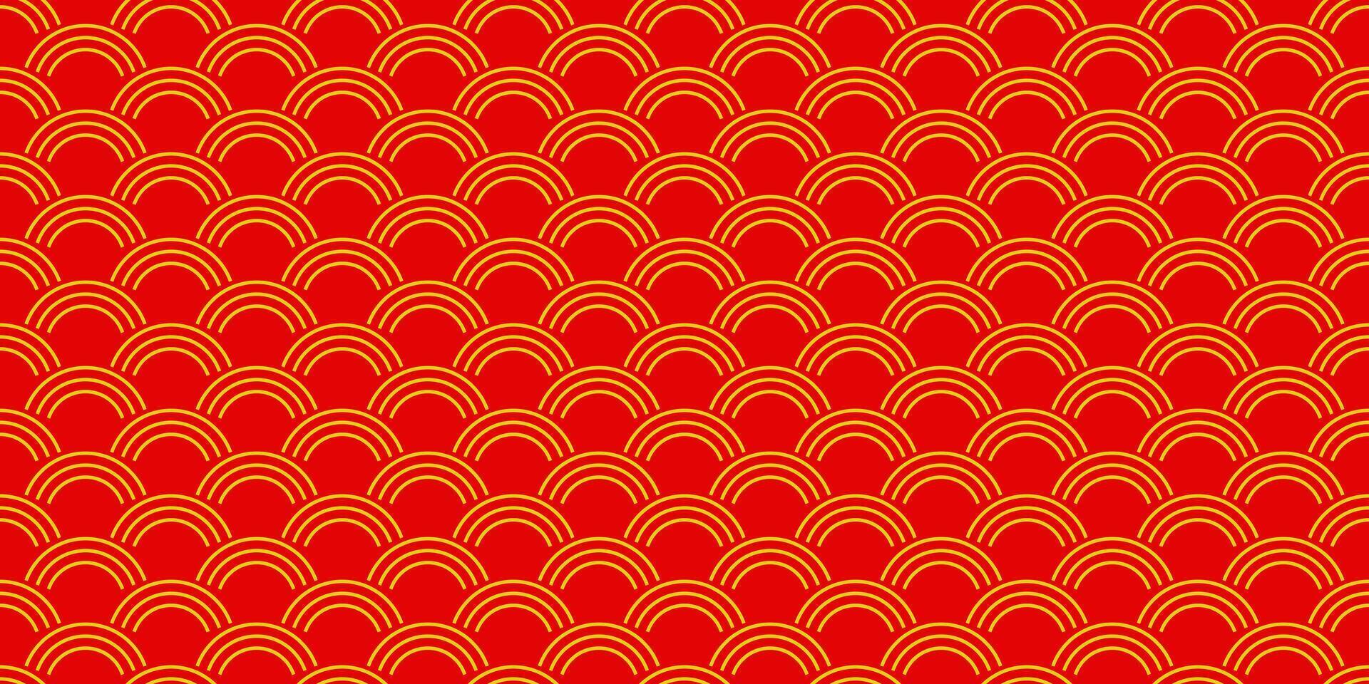 Geometric Asian line art seamless pattern with oriental traditional shapes flowers ornament, waves. Red and gold Japanese print for lunar chinese new year decoration. Luxury retro illustration vector