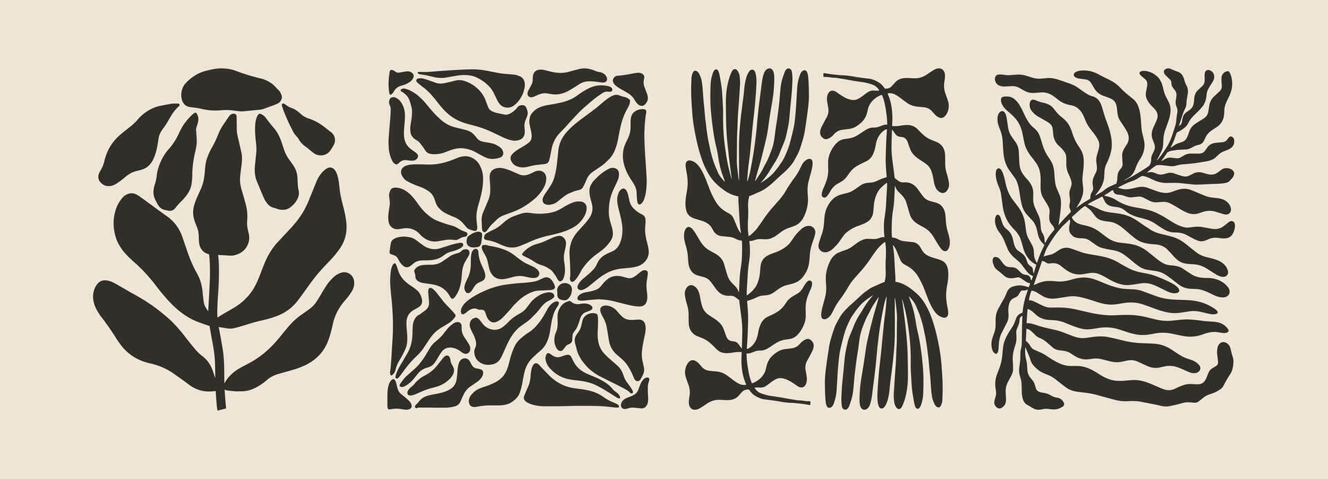 Trendy aesthetic posters with abstract groovy floral shape with flowers and leaves. Simple irregular wild plants. Black and White Naive funky prints for wall art. Boho summer illustrations vector