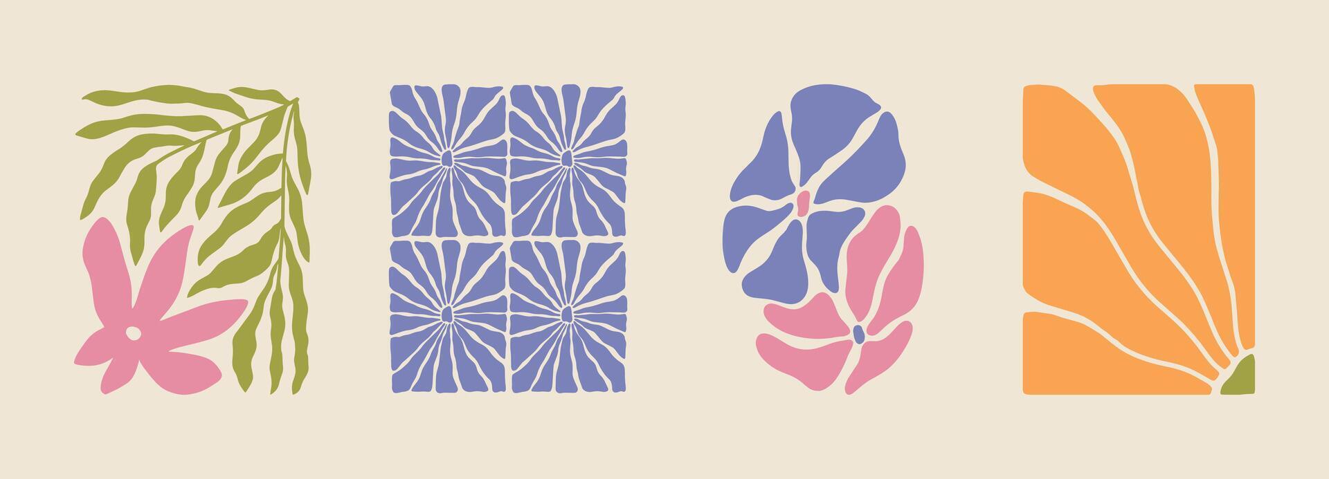Trendy aesthetic posters with abstract groovy floral shape with flowers and leaves. Simple irregular wild plants. Naive funky prints for wall art, interior decorations. Boho summer illustrations vector
