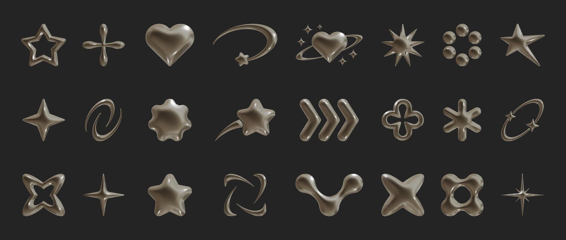 Set of Y2k geometric 3D render bronze shapes trendy retro futuristic design elements, infographic shapes. Modern concept with symbols and objects, star, heart illustration for UI and UX vector