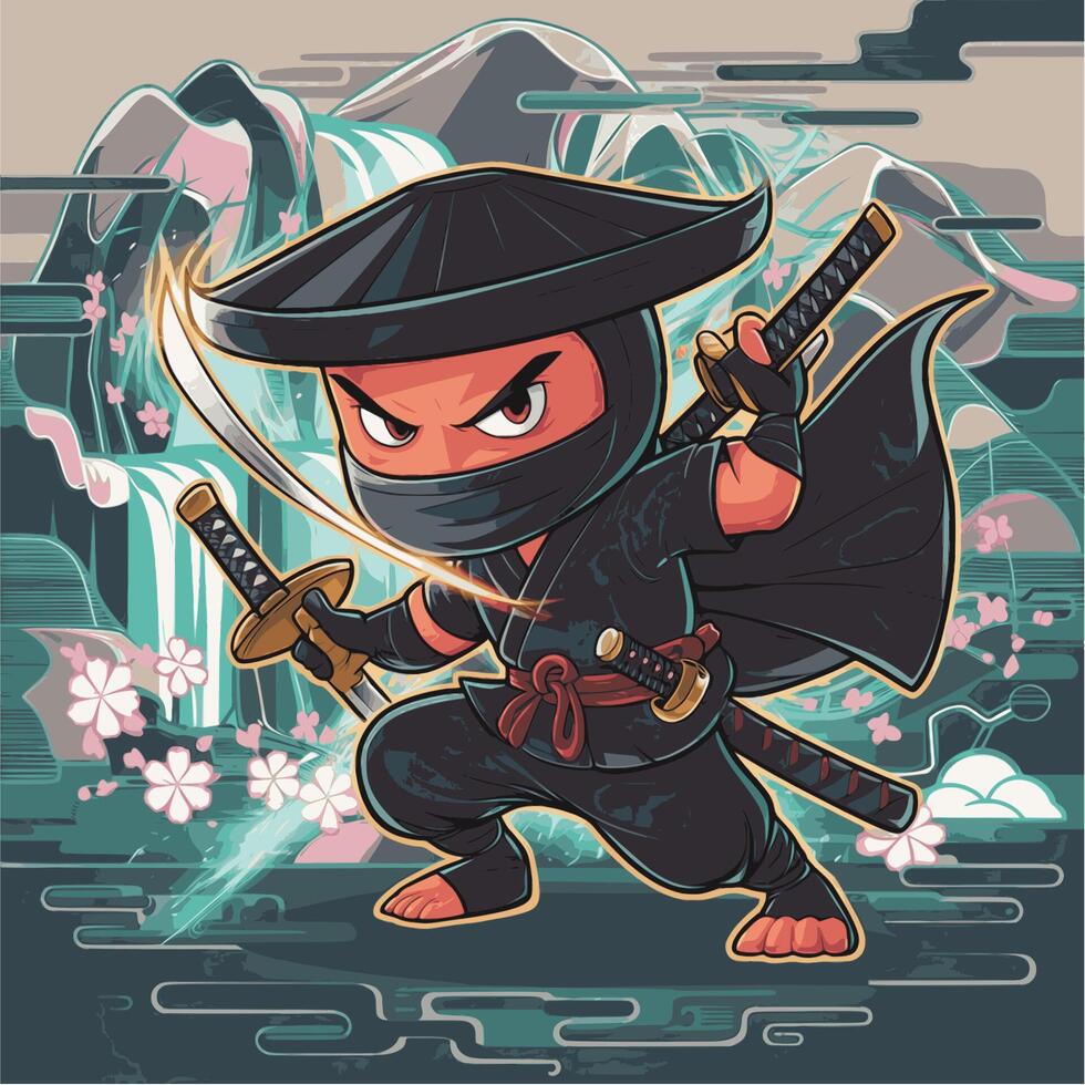 ninja cartoon hold double sword design character vector