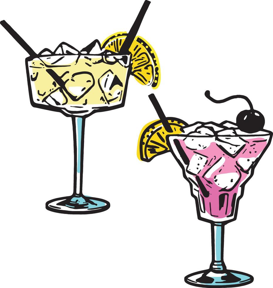 cocktails with beautiful glass glasses with a straw and lemon. beautiful icons alcohol cocktail to insert into a banner or website as a graphic resource a drink for a bar or a cocktail party. vector