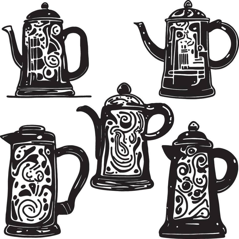 Icon set of black and white teapots for brewing tea with different patterns and shapes. illustration vector