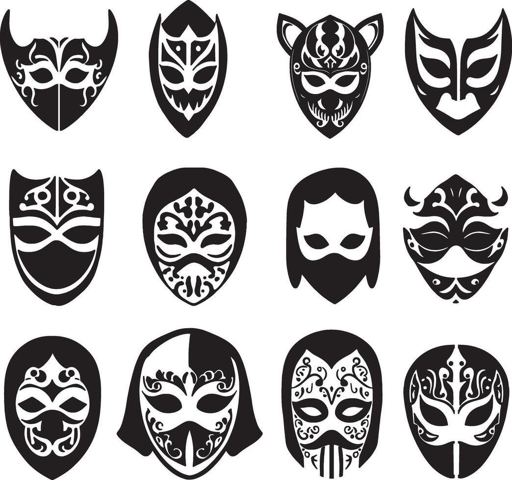Icons of totem masks for the face of different peoples of the world. illustration masks of different shapes and sizes to insert into a banner or website as a graphic resource vector