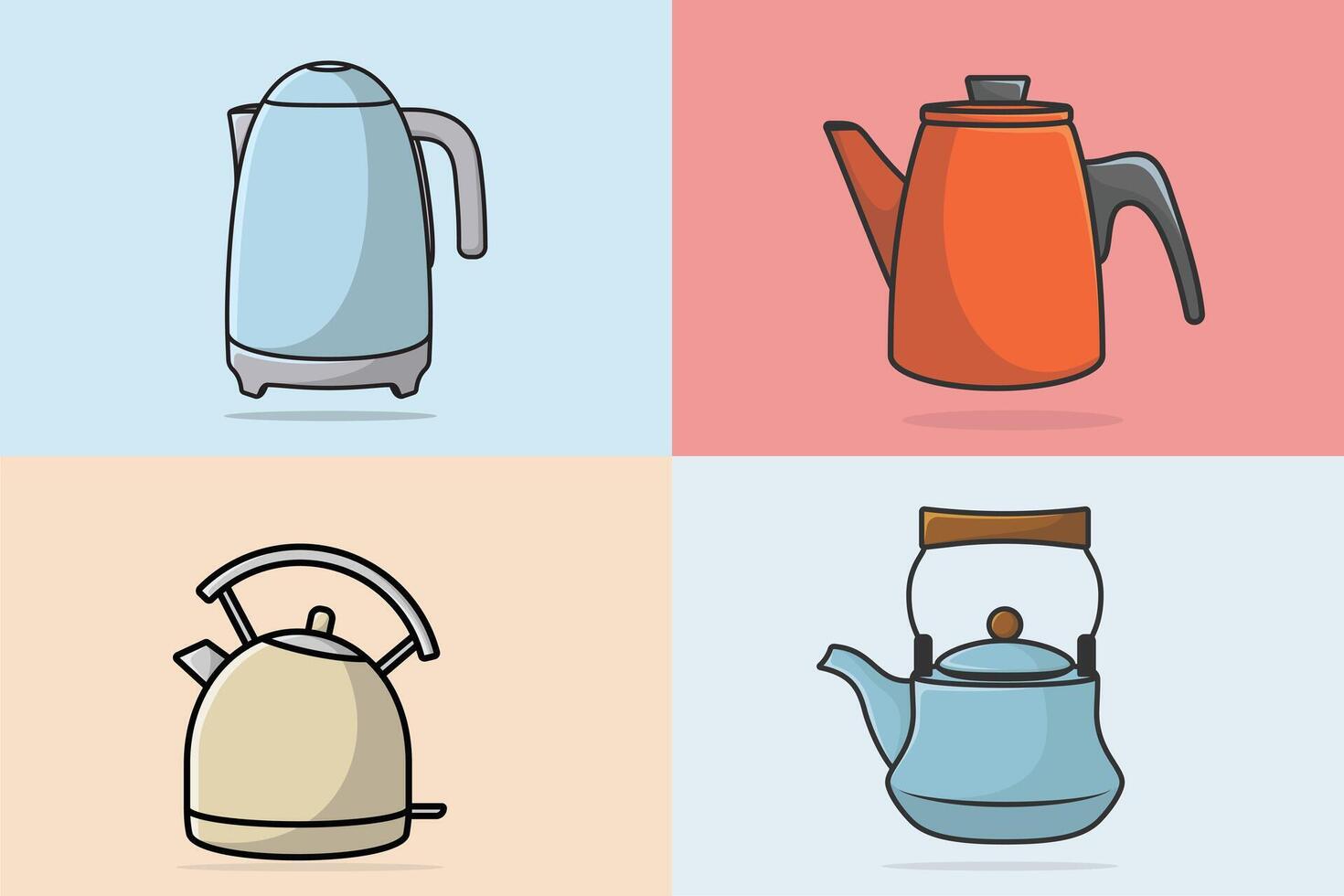 Collection of Tea Kettle illustration. Kitchen interior object icon concept. Morning Tea Teapot with closed lid icon design on light orange background. vector
