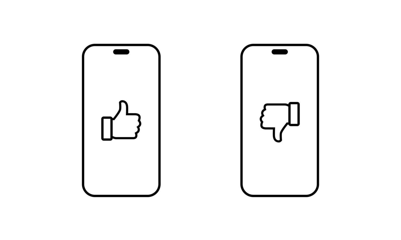 Hand thumb up and down on smartphone screen icon in line style. Like and dislike on phone display vector