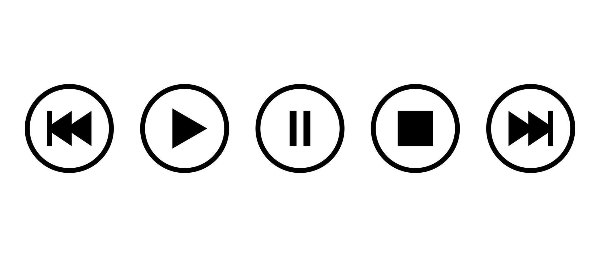 Play, pause, stop, previous, and next track icon on circle line. Media player concept vector