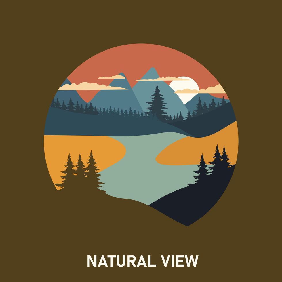 flat design illustration of landscape with mountains, pine trees and lake vector
