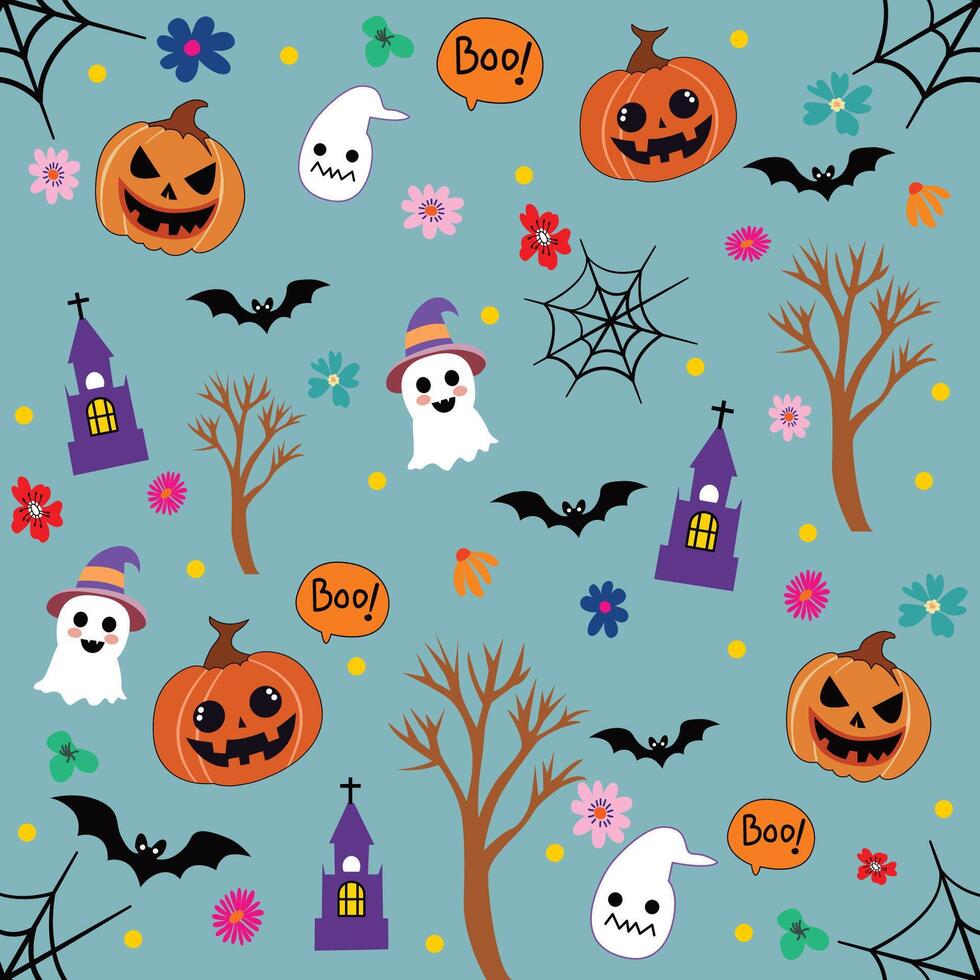 Cute Hand Draw Boho Happy Halloween holiday Seamless Pattern background. Pumpkin, Ghost, Bat, Cartoon style Spider Wallpaper illustration texture Bohemian desing repeat design for fabric print. vector