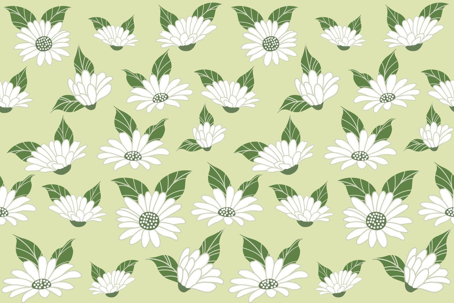Seamless pattern with daisy flower on green backgrounds illustration. vector
