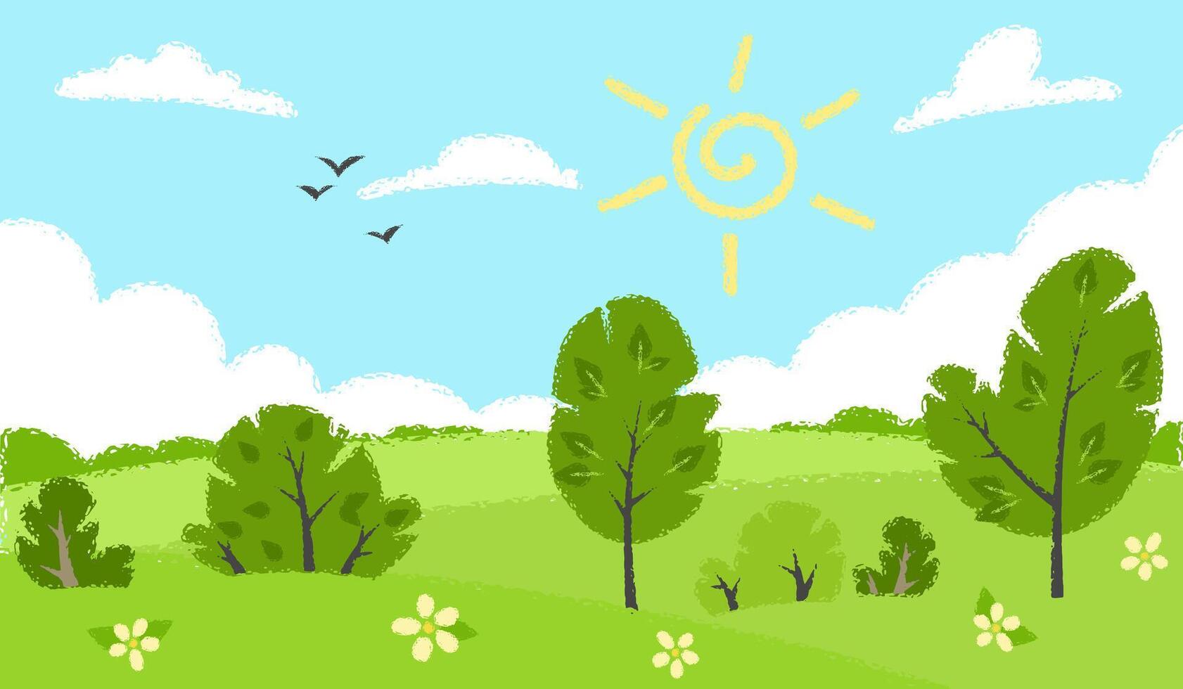 A crayon illustration of a summer meadow with rolling green hills, blue sky, and scattered clouds. The scene features grass, trees, and flowers. Ideal for backgrounds or nature designs. Not AI. vector