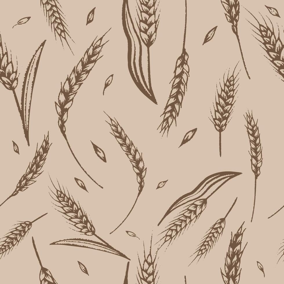 Vintage wheat pattern in a seamless design, cereal plants and oats on a brown background. Ideal for bakery decorations, the essence of autumn and organic growth with a retro, textured style. Not AI. vector