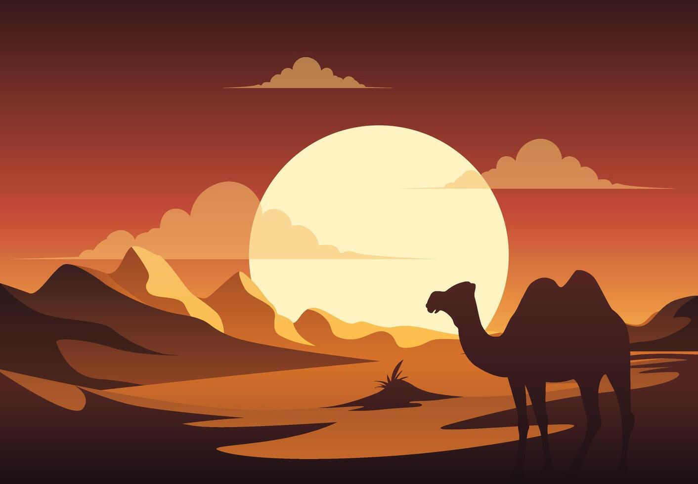 Illustration of a desert at night, featuring a camel silhouette riding across sand dunes with a sunset and a dune in the background. This scene captures Middle Eastern and African culture. Not ai. vector